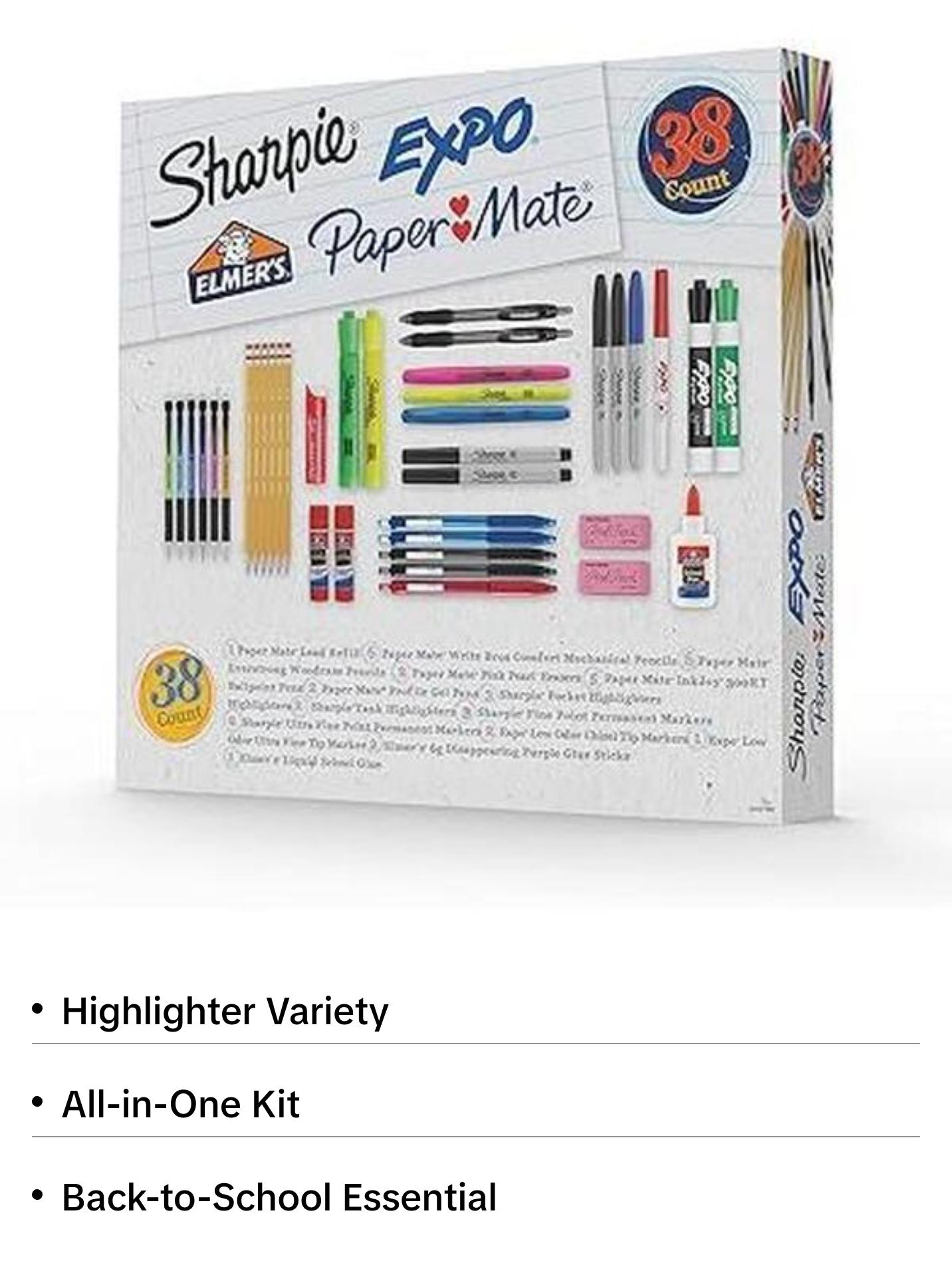 School Supplies Kit, Highlighters, Mechanical Pencils, Glue Sticks, Erasers, Permanent Markers, Gel Pens, Pencils, School Glue and more from Sharpie, Elmer’s, Paper Mate, & Expo, 38 pieces