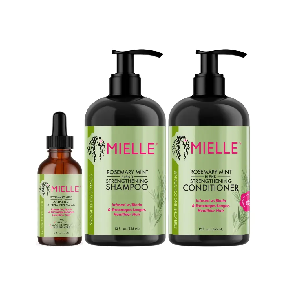 Mielle Organics Rosemary Mint Strengthening Haircare Bundle - Scented Cleansing Shampoo, Intensive Conditioner, Growth Oil, Lightweight Organic Blend, Itchy Scalp Relief, Split End Nourishment, Smoothness, Radiant Finish, for All & Textured Hair Weaves, A
