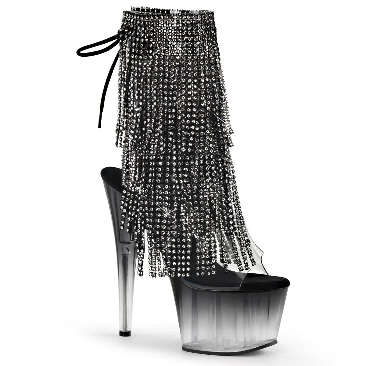 Pleaser Women's Adore-1017RSFT Rhinestone Fringe Ankle Boots, Elegant Open Toe Stiletto Platform Shoe with 7" High Heels, Footwear, Classy, Stylish, Fashion, Heeled, Clear/Black, Chic, Evening, Synthetic