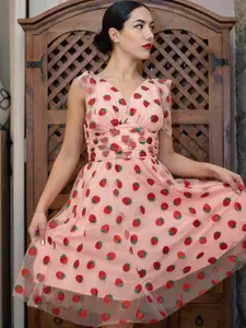 PINK 1950S STRAWBERRY MESH SWING DRESS Formal Womenswear