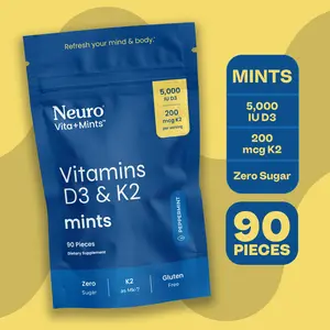 Neuro Mints Vitamin D3+K2 for Bone, Immune & Mood Support - 5,000 IU Vitamin D3 & 200mcg K2 - Sugar-Free, Aspartame-Free, Gluten-Free - Peppermint Flavor