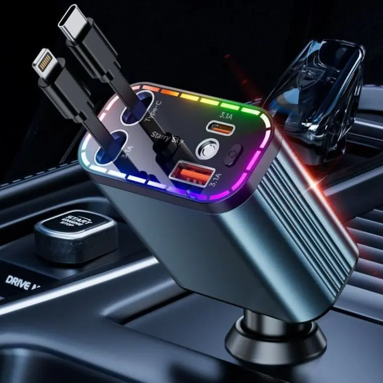 4 in 1 Retractable Car Charger  Car Charger USB  Fast Charging, Car Accessories, Car Adapter Travel Essentials Gifts Retractable Multi Charger Fast Charging Supported