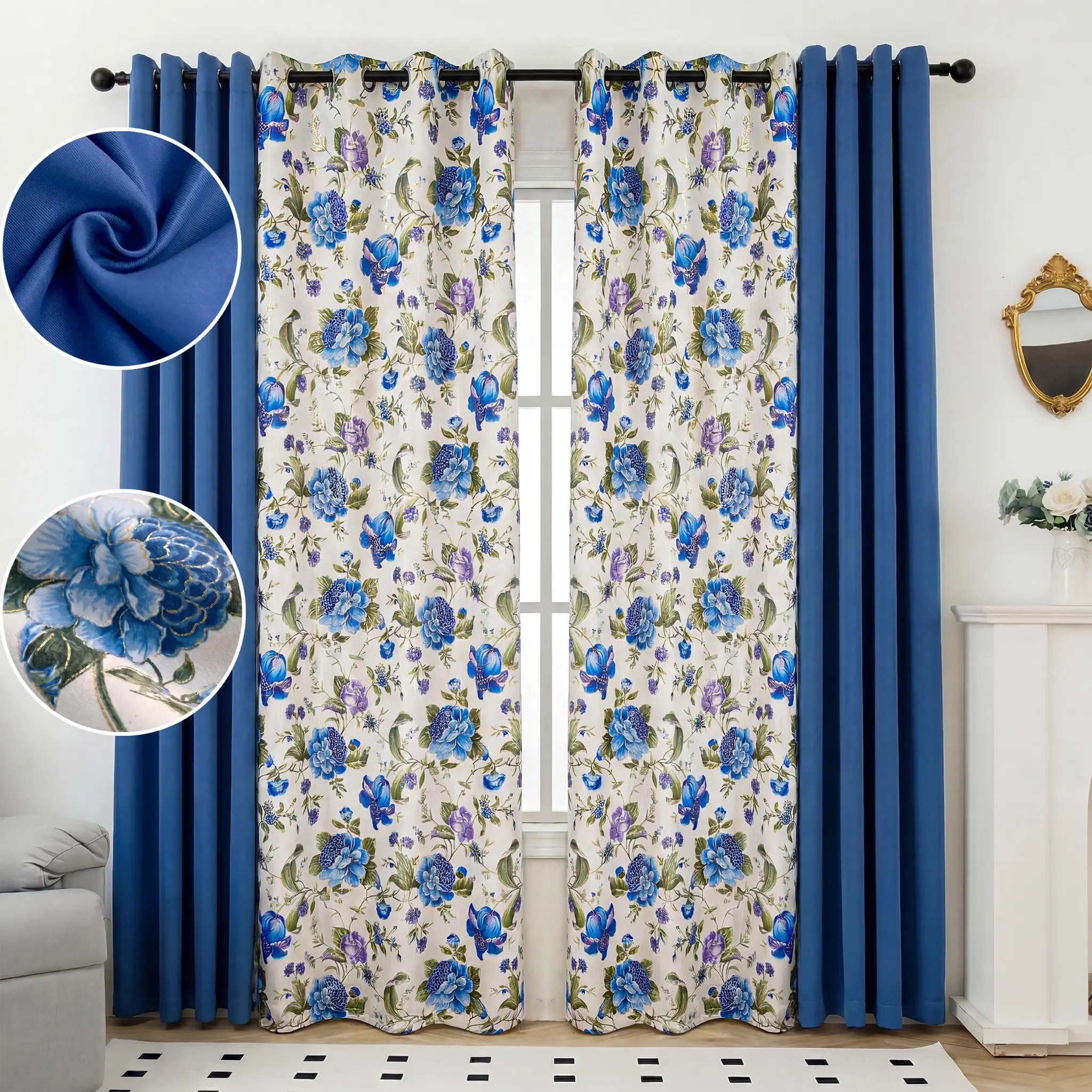 Floral and Solid Blackout Curtains Combo 4 Panels Set 52x84 Inch, 2 Room Darkening Drapes Plus 2 Gold Foil Flower Print Panels, Thermal Insulated Noise Reducing Metallic Grommet Window Treatment, Elegant Decor for Bedroom Living Room QF222 & QF121