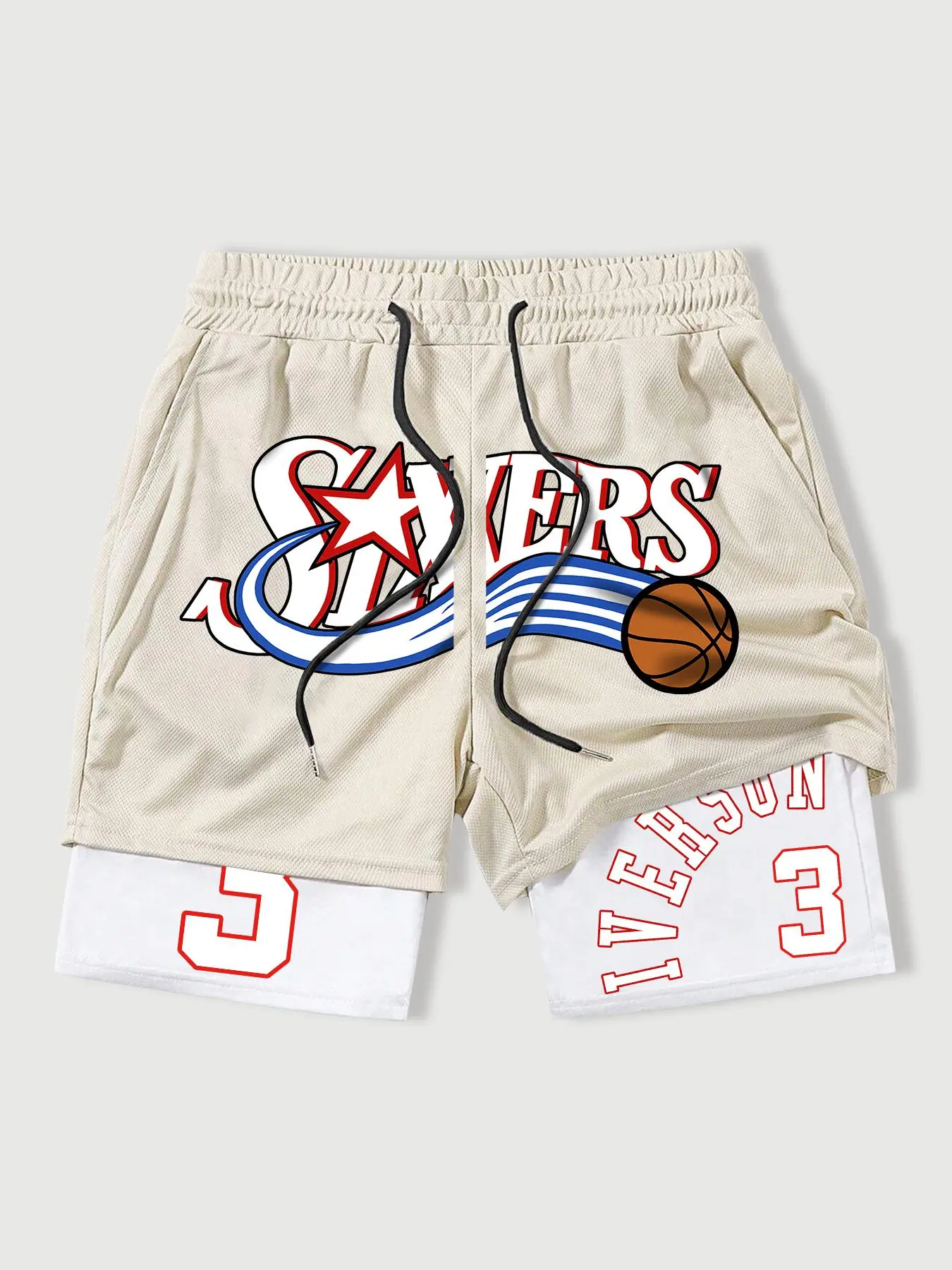 Men's Basketball Print 2-in-1 Sports Shorts, Casual Regular-Fit Breathable Comfortable Shorts for Gym, Workout & Running, Men's Bottoms for Summer