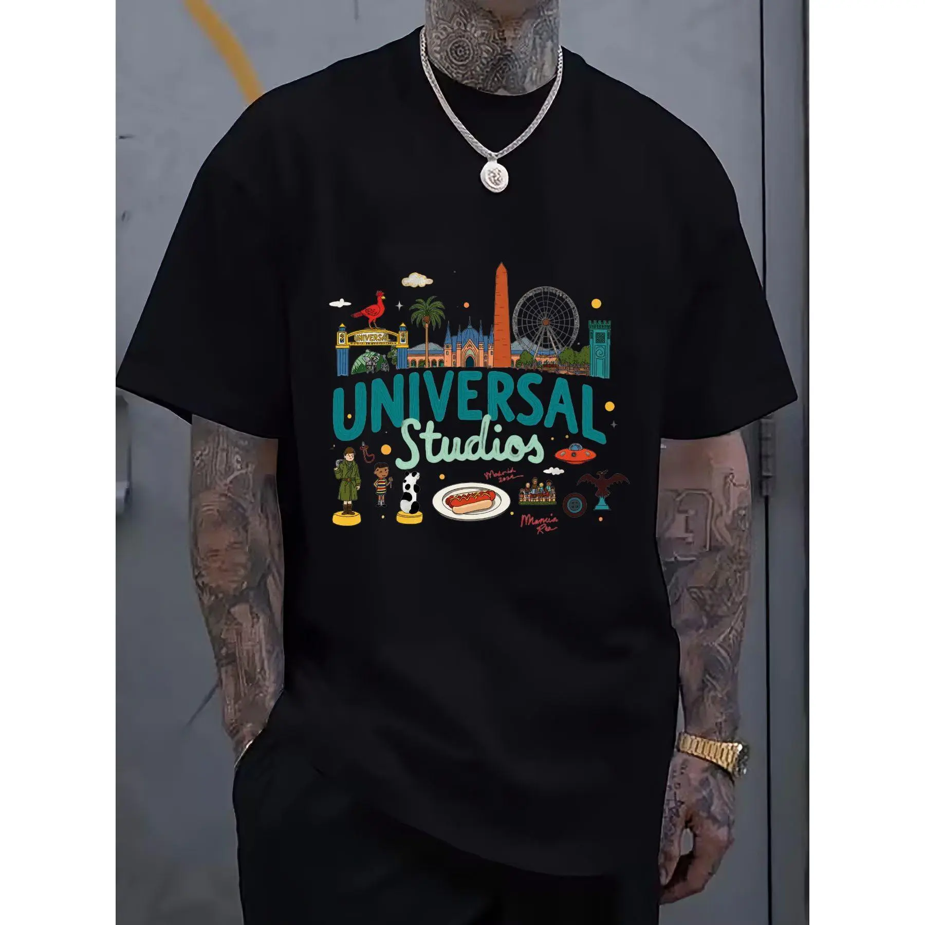 Universal Studios Cartoon Graphic 100% Cotton Crew Neck Menswear Undershirt - Short-Sleeve, Loose, Stylish, Casual, Teal & Dark Green Text with White Outline, Tattoo-Friendly, Comfortable Festival Gift