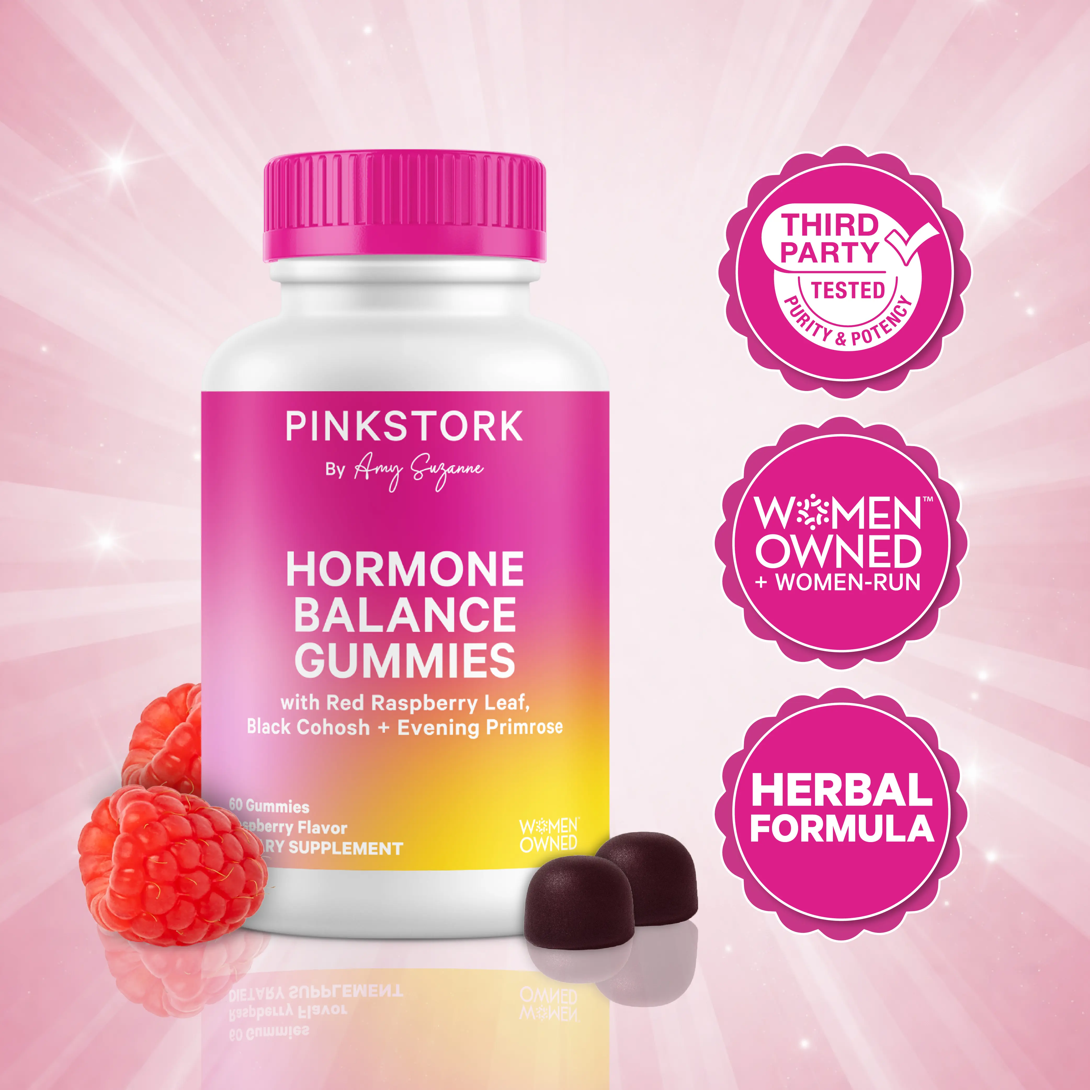 Pink Stork Hormone Balance Gummies for Women | PMS + Perimenopause | Red Raspberry Leaf, Black Cohosh, Vitamin C, Methylated Folate, Evening Primrose Oil | Vegan, Gluten-Free | Women Owned