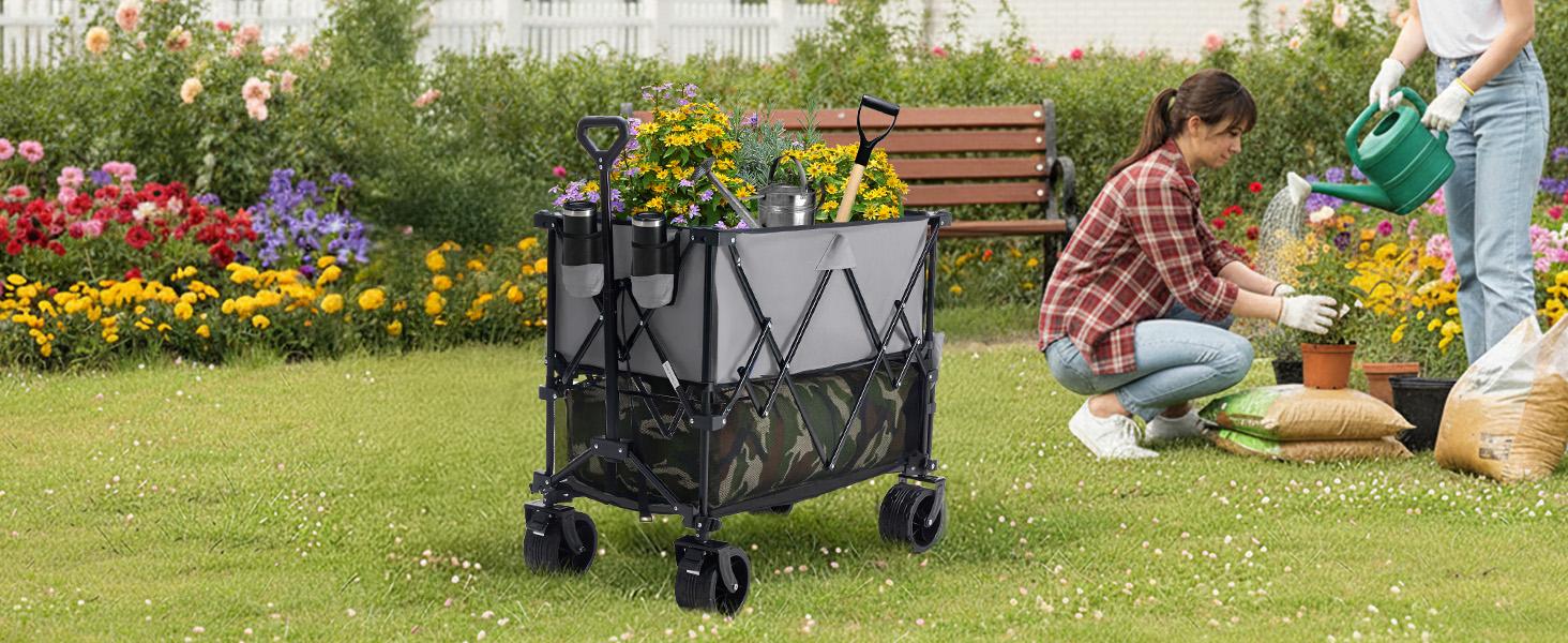 Large Capacity Folding Double Decker Wagon with Brakes, 440 lbs Wagons Carts Foldable Wagon Cart with Flexible Handle, All-Terrain Big Wheels for Grocery Sports Garden Camping