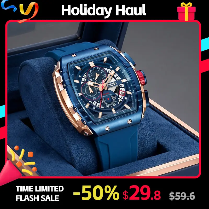 SKMEI Cyberpunk Racing Style Men's Quartz Watch - Bucket Design Casual, Modern Waterproof Multifunctional Silicone Strap Watch with Night Light, Calendar & Timing Functions, Casual Watch, Modern Waterproof Watch