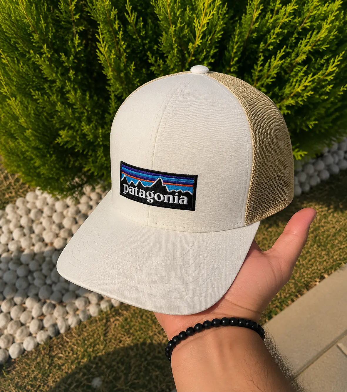 Patagonia Men's White Trucker Hat with Logo Patch and Mesh Back