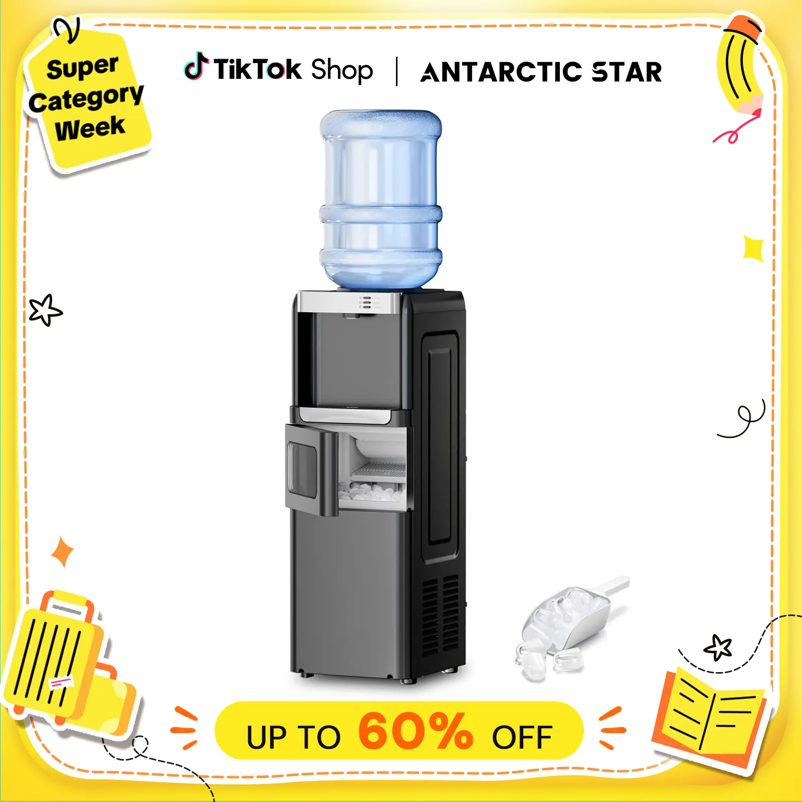 【BackToSchool】Antarctic Star 3-in-1 Hot and Cold Beverage Water Cooler Chiller Dispenser with Built-in Ice Maker, 3-5 Gal Bottle Compatibility, Child Safety Lock, Black, Beverage Dispenser tiktokshopbacktoschool, Automatic Drink Dispenser