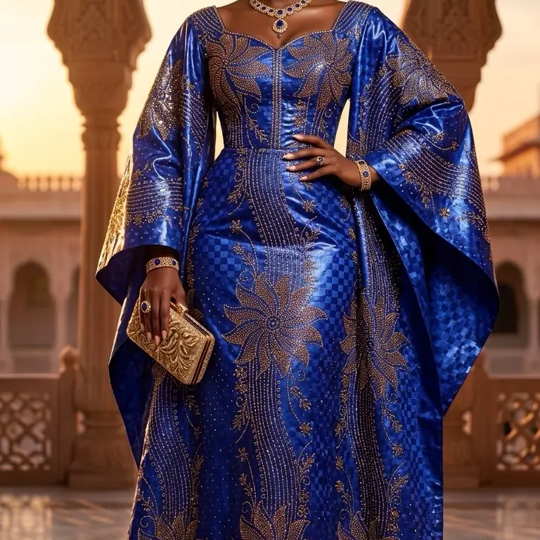 Getzner Dark blue Blue and Pink Flower Platinum Magnum Fabric with Pearls - Elegant Design, Gold and blue Floral Patterns, Gold Accents