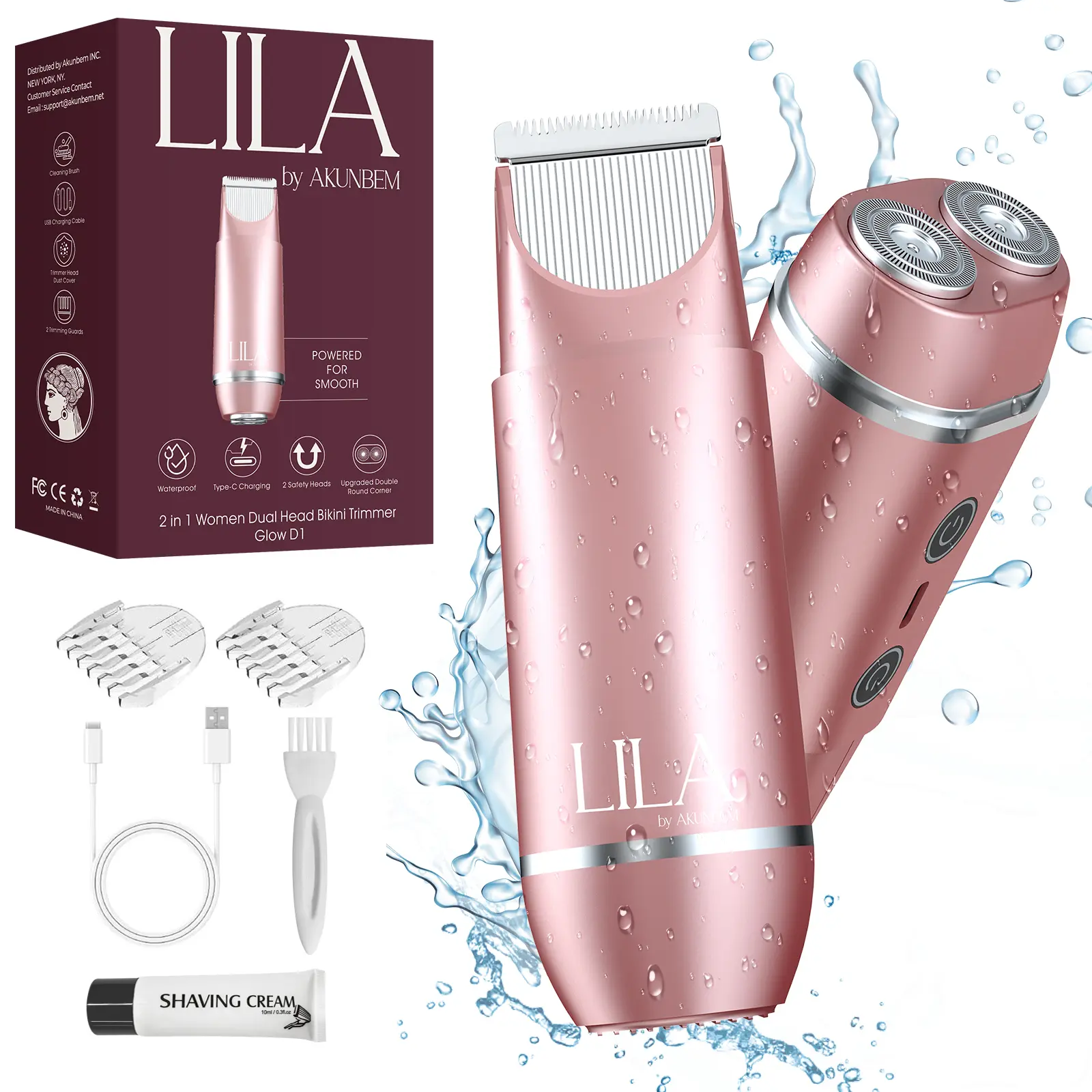 Akunbem 2 in 1 Women's Electric Shaver Dual Head Bikini Trimmer IPX7 Waterproof Wet Dry Use Body Hair Trimmer Facial Hair Remover for Bikini Underarm Leg Arm Body Face tiktokshopbacktoschool