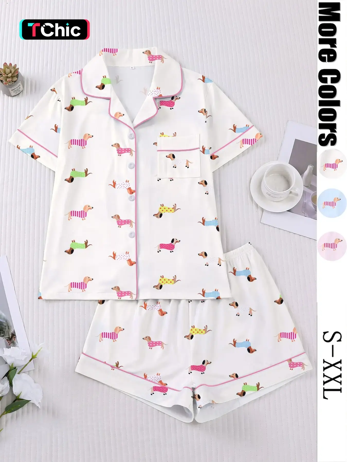 Women's Cartoon Dog Print Sleepwear Set, Casual Fitted Short Sleeve Top & Elastic Shorts, Comfortable Home Wear for Spring & Summer, Pajama Set, Soft Sleepwear & Loungewear, Loungewear Outfit, Lounge Pjs Set