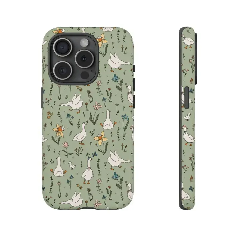 Sage Green Cute Duck Floral Phone Case For iPhone 17 16 15 14 13 12 Pro Max Pro Plus Wildflower Duckling Repeating Pattern Shockproof Protective Phone Cover Soft Cottagecore Farm Aesthetic Accessory Perfect Birthday Gift For Women Girls, Accessories, Pers