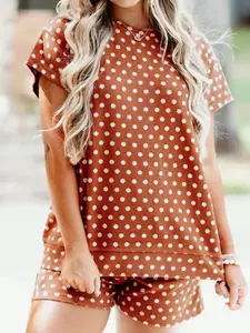Women's Brown Polka Dot Print Short Sleeve Top and Shorts Sets Summer Beach Vacation Matching Outfits Casual Daily Lounge Gowns Two Piece Jersey Sun Suits