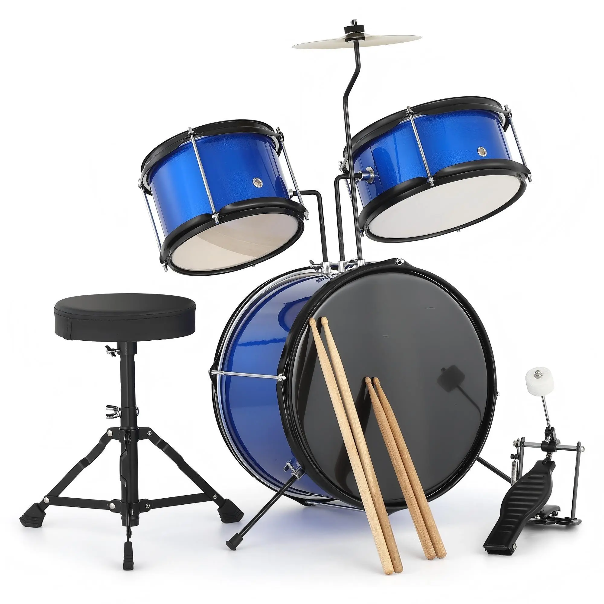 Drum Set 3-Piece for Beginners, Complete Full Size Kit with Bass, Toms, Snare, Stands, Cymbal and Drumsticks