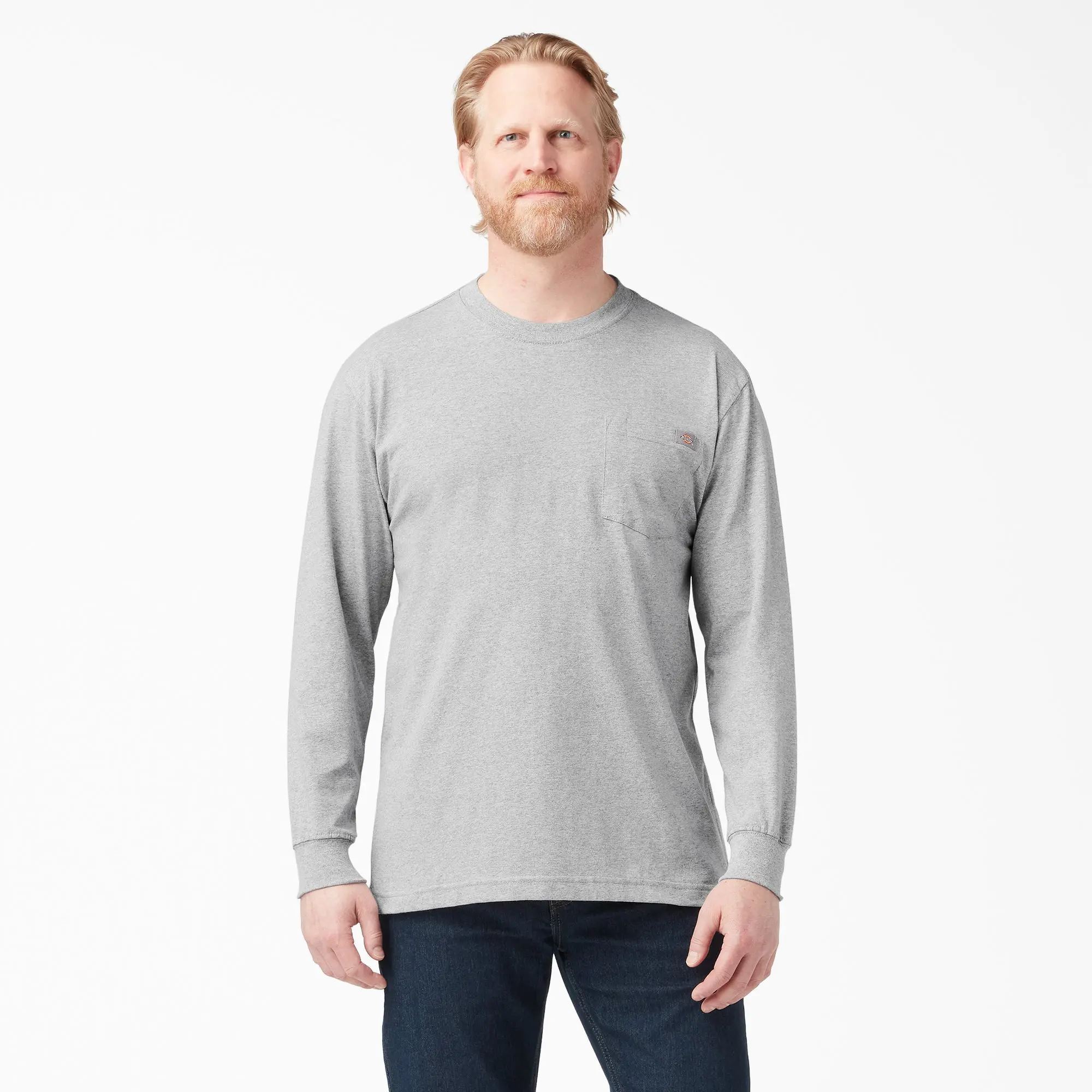 Dickies Men's Heavyweight Cotton Plain Long Sleeve Crew Neck Pocket T-Shirt - Roomy Comfort Fit, Extended Back Tail, Chest Pocket, Workwear Tops Undershirt with Pencil Divider