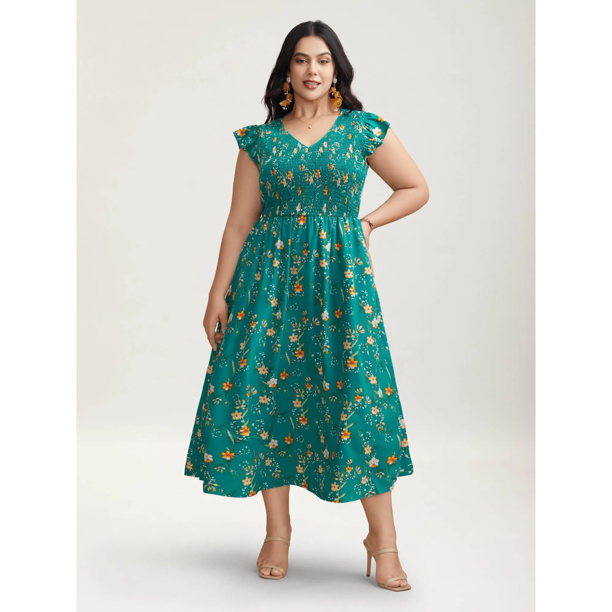 Women's V-Neck Midi Dress, Cottagecore Ditsy Floral Polyester Garment with a Shirred Bodice, Flutter Sleeves and Pockets, Lady, Casual, Fabric, Flowers, Cap Sleeves, Floral Print, Midi Length, Fit