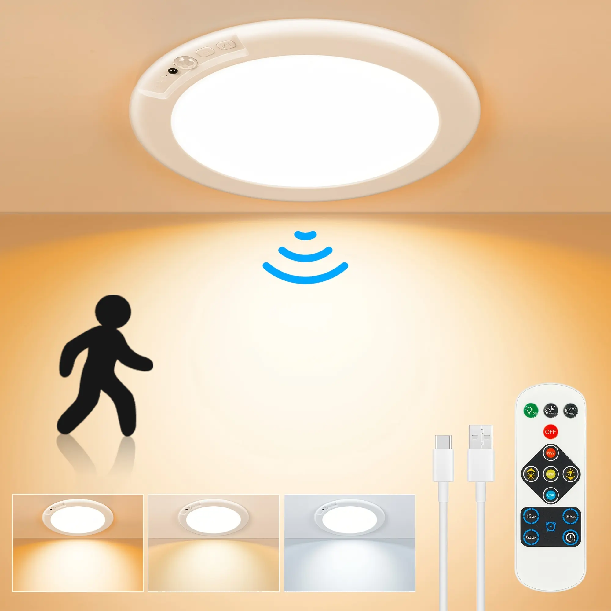4 Pack Rechargeable sensor ceiling light with remote control - magnetic wireless ceiling light, battery powered, no wiring required, suitable for various scenarios such as wardrobes, shower rooms, stairs, storage rooms, hallways, porches, and terraces.