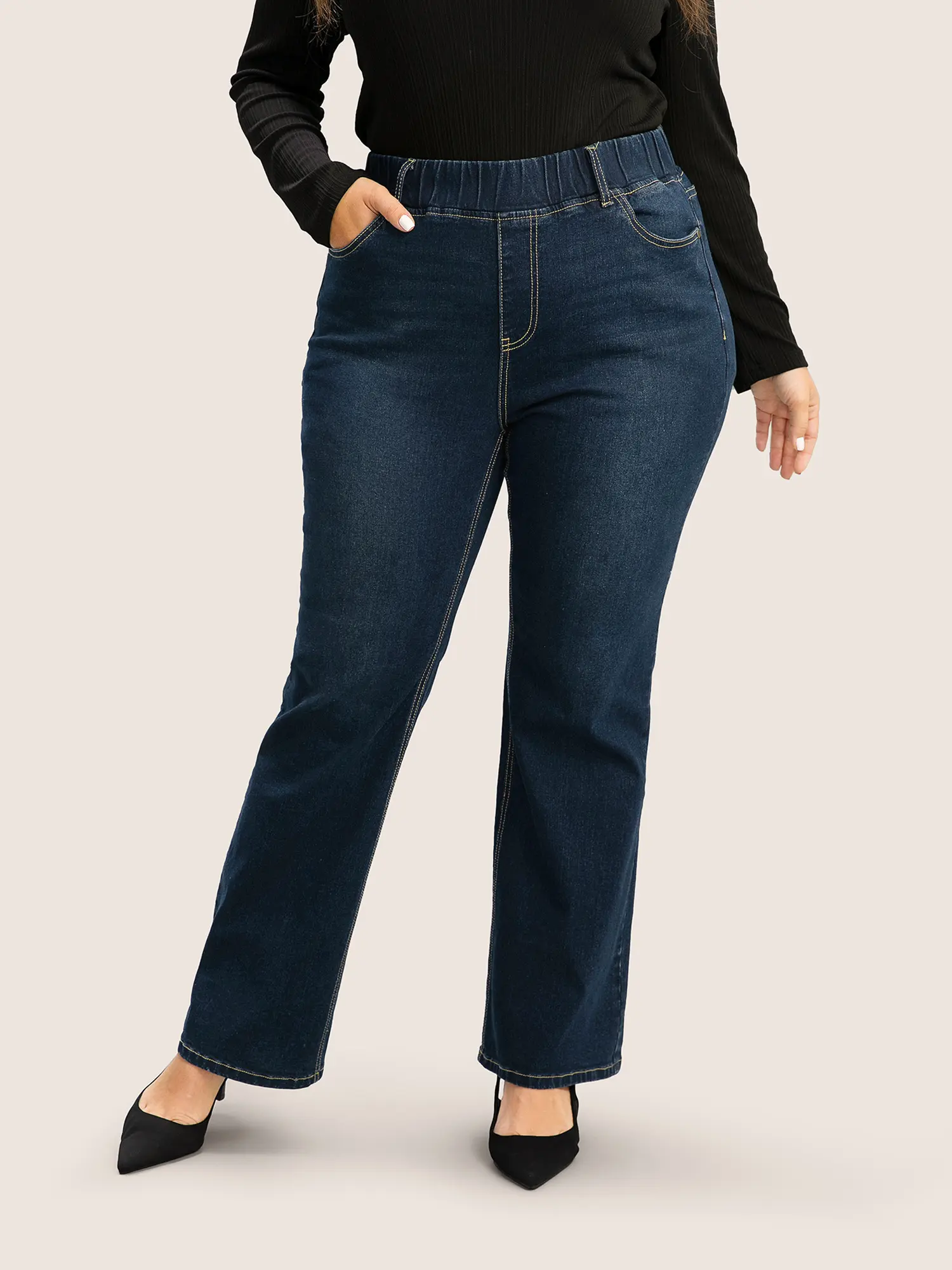 BloomChic Women's Plus Size Indigo Denim Bootcut Pants - High-Stretch Pull-On Cotton-Spandex Garment with Elastic Waist, Slanted Pockets, Low Iron for Daily Wear, Basic Curvy Bottoms