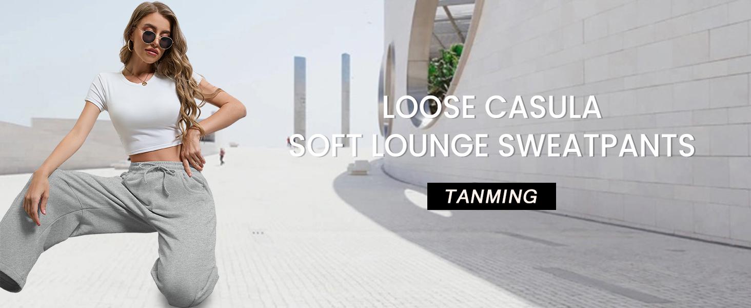 Tanming Women's Barrel Leg Pants Basic or Fleece Lined Elasticated Waist and Soft Wide Leg Pants with Pockets Casual All-Season Sweatpants