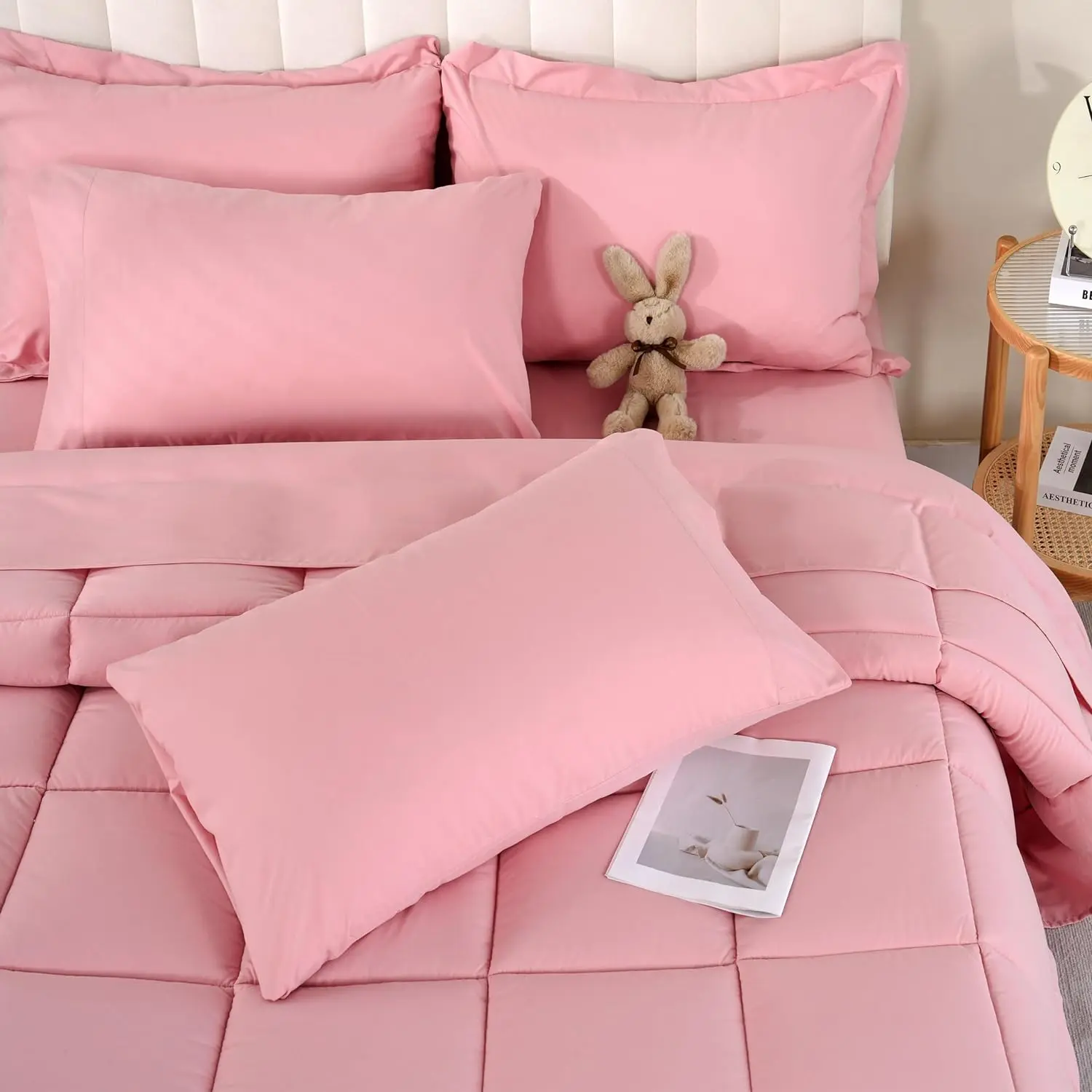 【Back to School】DOWNCOOL 7Pcs Comforter Sets, Multi-color Bedding Sets , All Season Down Alternative Bedding Comforter Sets with Comforter, Flat Sheet, Fitted Sheet, 2 Pillow Shams & 2 Pillowcases, Pink Bedroom Accessories#tiktokshopmemorialday