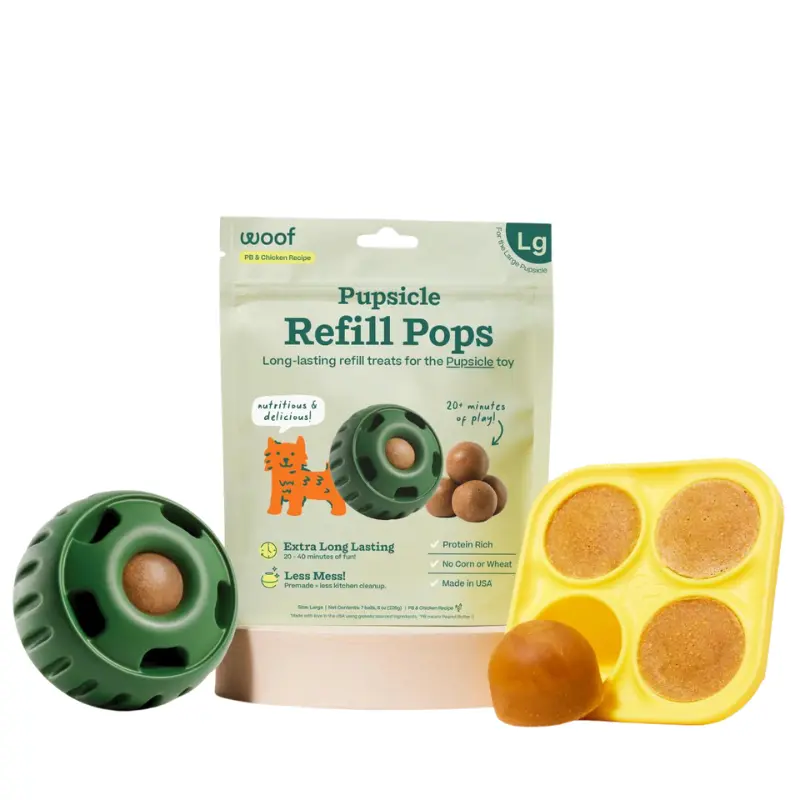 WOOF Pupsicle Starter Pack of Pupsicle Treat Dispensing Toy, Dog Treat Mold Tray & Refill Pops, Durable & Safe Toy to Keep Dogs Busy Chewing