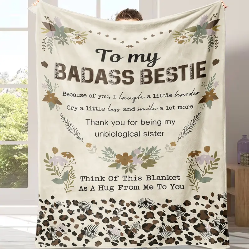 Leopard Floral Soft Warm Throw Blanket - Unbiological Sister Quote Fleece Blanket, Wildflower Print Home Decor for Sofa, Best Friend Birthday Gift for Girlfriend Graduation Xmas