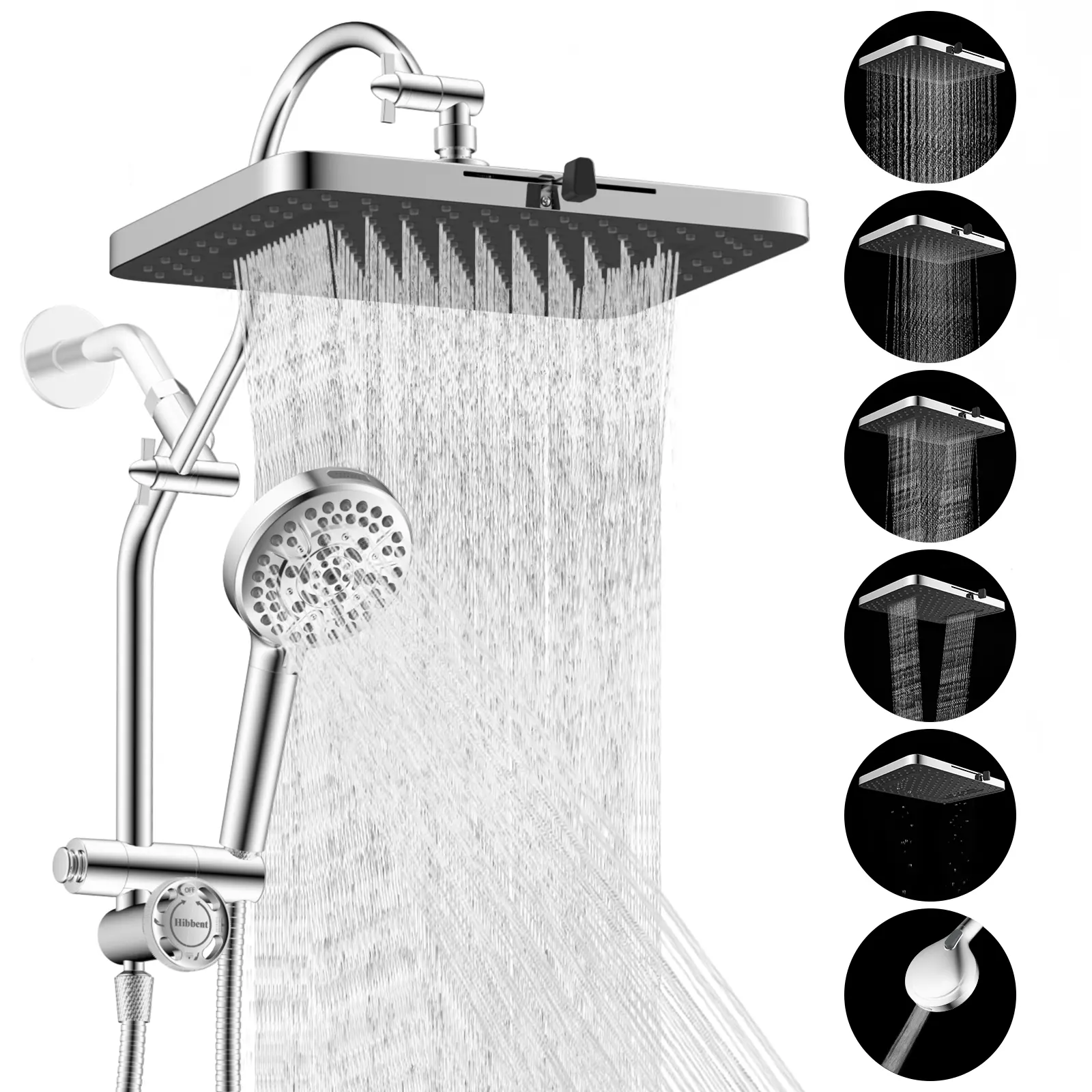 Hibbent Upgraded Chrome Fixed Shower Head Combo - 13'' Easy Reach High Pressure Rainfall Shower, 5-Jet Fixed Showerhead, 10-Mode Handheld, 12'' Extension Arm, 4-Way Diverter, 71'' Hose, Holder, cUPC Certified (Multi-Spray, Adjustable), Jets Fixed Showerhe