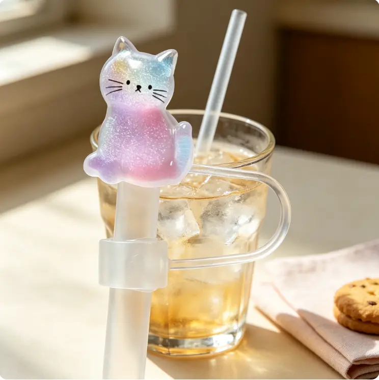 Gradient Glitter Cat Straw Cap, DIY Handmade Straw Decoration Accessories, Cute Transparent Kitten Dust Plug Straw Cover, Reusable Straw Tip Protector Ornament For Drinking Cup Tumbler