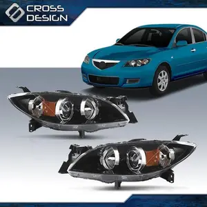 CROSSDESIGN Pair Black Projector Headlights Amber Fit For 2004-2009 Mazda 3 Sedan 4-Door