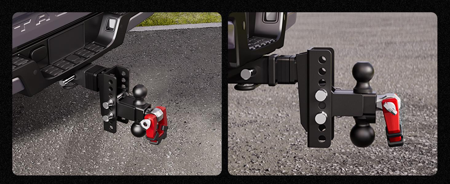 WhaleMotor 6 Inch Drop Adjustable Trailer Hitch - Fit 2 Inch Receiver Dual Ball Mount with Shackle, 10,000 LBS GTW, Anti-Theft Keyed Locks, Integrated Trailer Muffler & Rub Pads for Noise Reduction