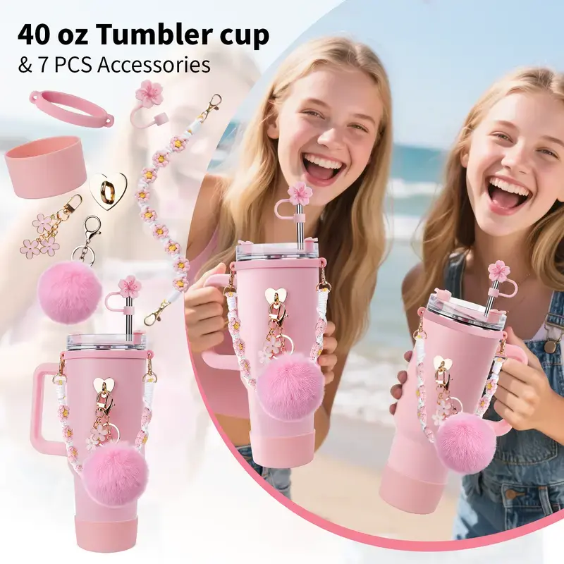 7 Pcs Stylish Protective Drinkware Accessory Set for 30oz-40oz Tumblers/Glasses - Silicone Boot, Daisy Handle Strap, Straw Topper, Flower Charm, Pom Pom Decor, Cup Holder, Water Bottle Holder - Lightweight Work/Gym Birthday Gift Option (No Cup Included)
