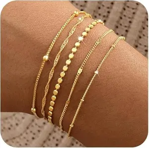 Gold Bracelets for Women, 14K Gold Plated Stackable Bracelet Stack Set Adjustable Charm Paperclip Chain Snake Link Layered Waterproof Jewelry Sets Gifts