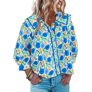 Cicy Bell  Women's Floral Button Down Shirts Trendy Casual 3/4 Lantern Sleeve Blouse Square Neck Collared Tops Lightweight Soft Polyester Elastane