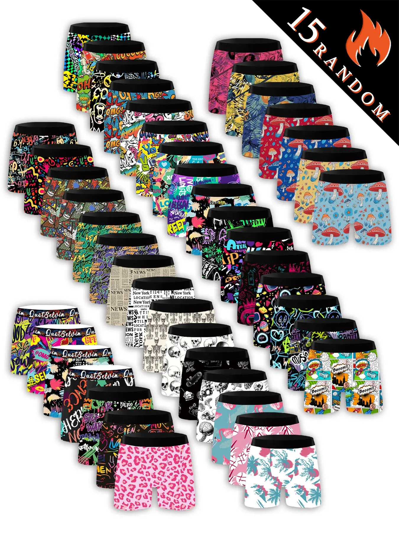 15-pack men's boxers, Print boxershorts, Printed Underwear, Streetwear Underwear, rich prints (graffiti, mushrooms, etc.), Polyester blend + elastic, breathable, stretchy, machine-washable, Great gifts for Valentine's Day, Halloween, Christmas
