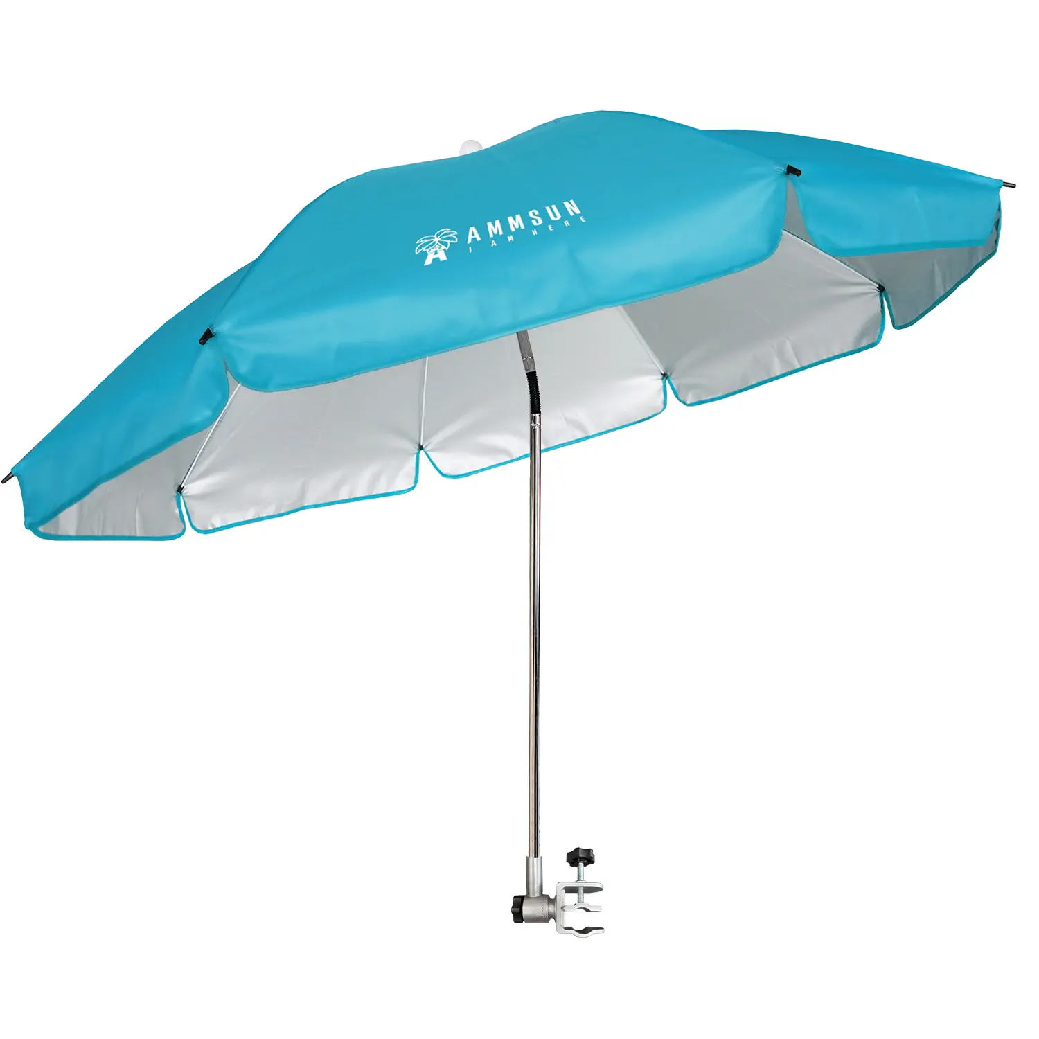 AMMSUN 47" Clip-On Umbrella Stroller Sun Shade, XL Oxford Fabric UPF 50+ UV Protection, 360° Tilt-Swivel Swiveling Pole, 8-Rib Stable Patented Clamp Design, Lightweight No-Assembly Setup, Light Blue, Carry Bag with Shoulder Strap, Wheelchair Compatible, W