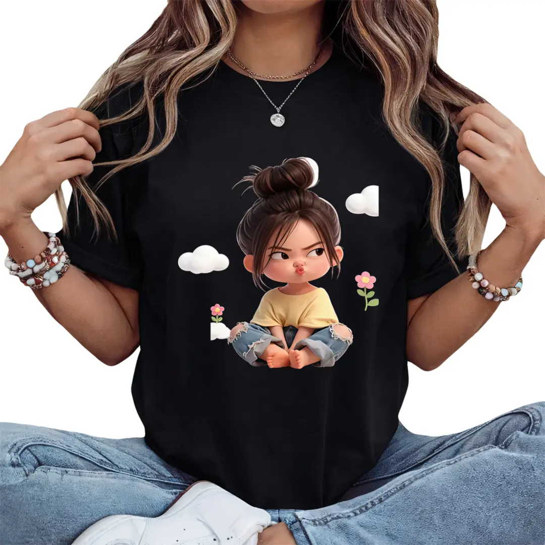Women's Sassy Cartoon Girl & Clouds Graphic T-Shirt - Cute Pink Aesthetic, Premium Cotton, Short-Sleeve Crewneck, Casual Tee, Shirts for Women, Spring Glow Up Vibes summerwins,summerwins