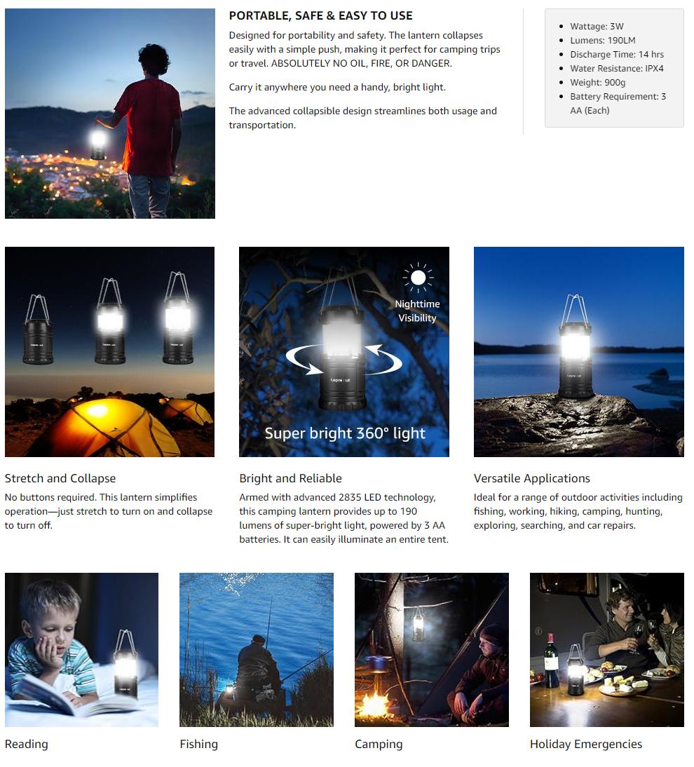 Lepro LED Camping Lanterns Battery Powered, Collapsible, IPX4 Water Resistant, Outdoor Portable Lights for Emergency, Hurricane, Storms and Outages camping lamp Lepro LED Camping Lanterns Battery Powered, Collapsible, IPX4 Water Resistant, Outdoor Portable Lights for Emergency, Hurricane, Storms and Outages camping lamp