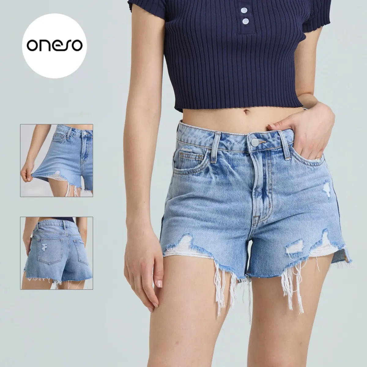 Riley ONESO Stretchy Jean Shorts High Rise Raw Hem Ripped Tummy Control G22 Drifter Rolled Hem Denim Shorts Mid Rise Rolling Up Summer