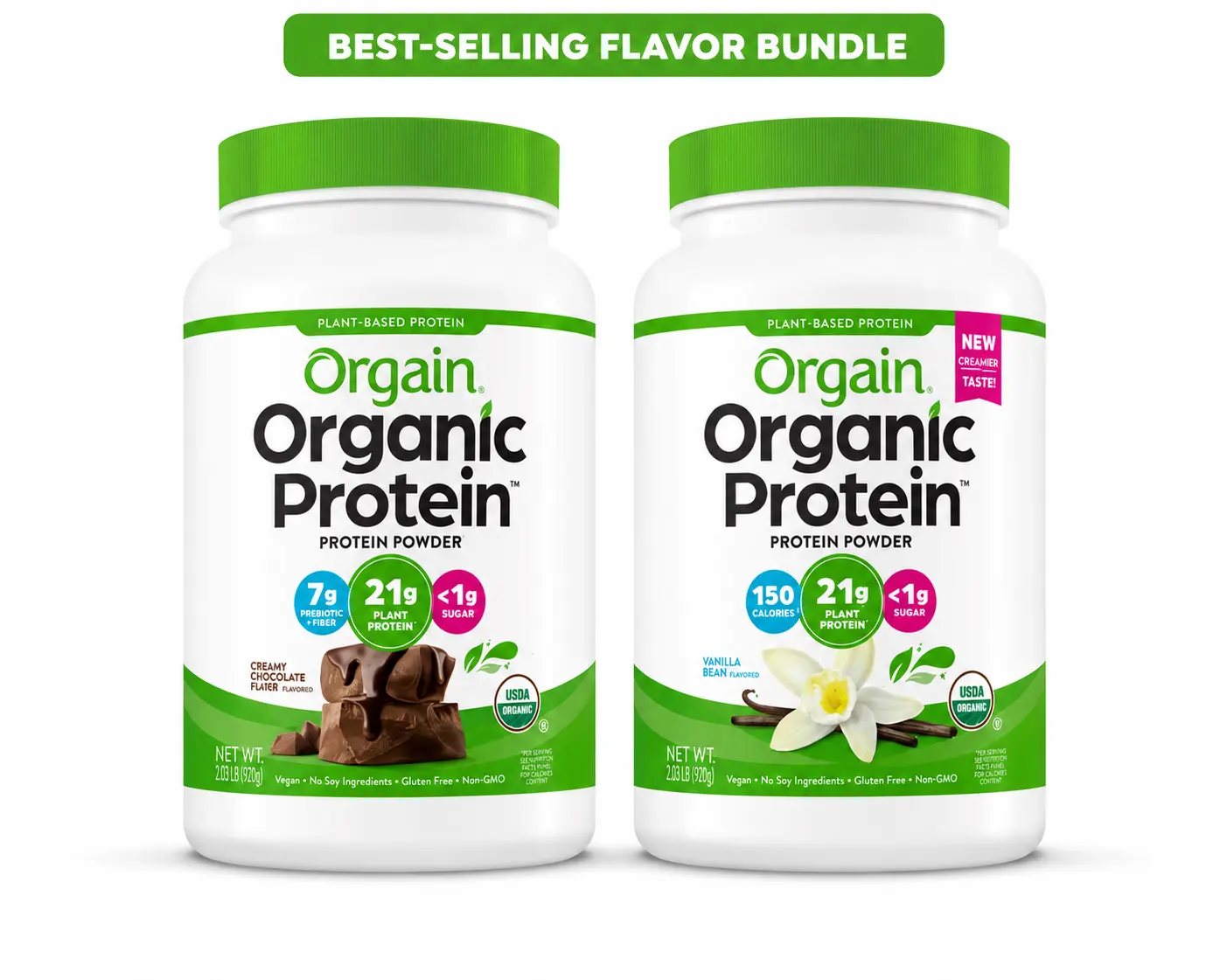 Orgain Organic Protein Best-Selling Bundle | Creamy Chocolate Fudge + Vanilla Bean | 2.03 lb Each (2-Pack) | 21g Plant-Based Protein | USDA Organic