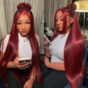 [Special Offer:28" Only $129] 99J Burgundy Color 13x6 Lace Front Straight Wig 180% Density Pre Plucked Pre Cut Ashimary Virgin Human Hair