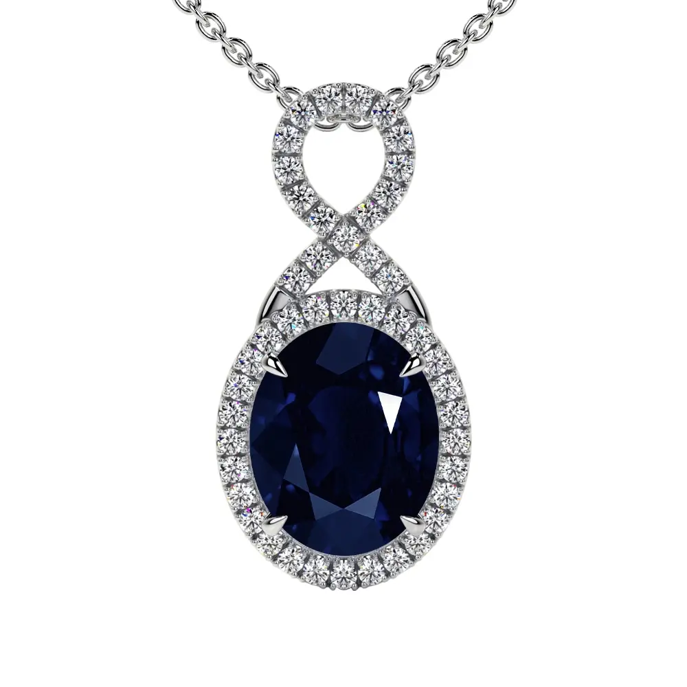 Oval Cut Blue Sapphire Twist Halo Pendant (3.69cttw)- PBS002-10X8-AA