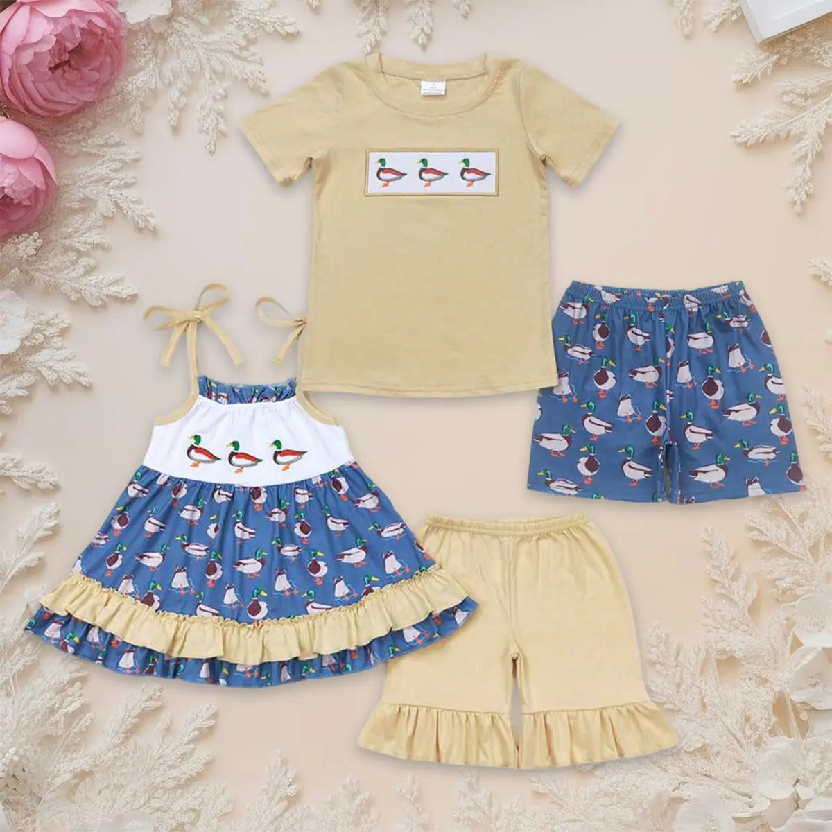 Sibling Matching Sets, Soft Cotton Blend Duck Print Outfits for Toddler Brother and Sister, Crew Neck Tee and Dress with Ruffles, Deer, 3M, Athletic, Short Sleeve Tops, Elastane
