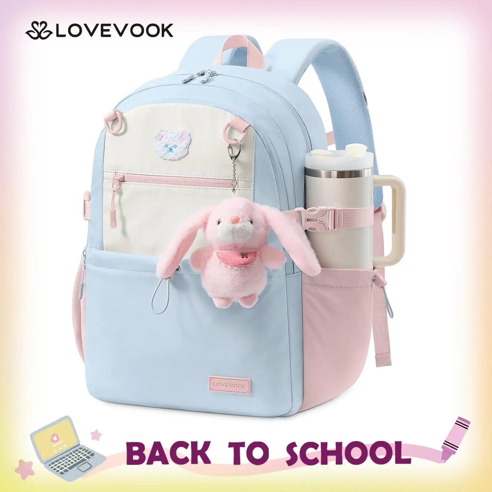 LOVEVOOK Backpack for Girls, Cute School Backpack with Bunny Charm & Large Cup Holder for Primary Elementary, Fits 15.6 Inch Laptop, Large Capacity Girls Bookbag