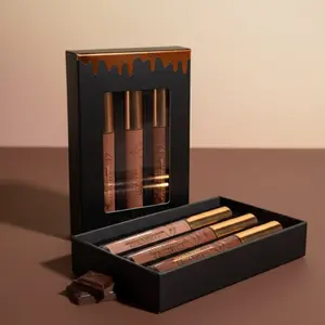 Box of Chocolate Lip Gloss Set – 3 Nude Shades Matte Lipstick for Melanin-Rich Skin, Vegan & Cruelty-Free, Creamy Non-Sticky Formula, Ideal Gift for Makeup Lovers