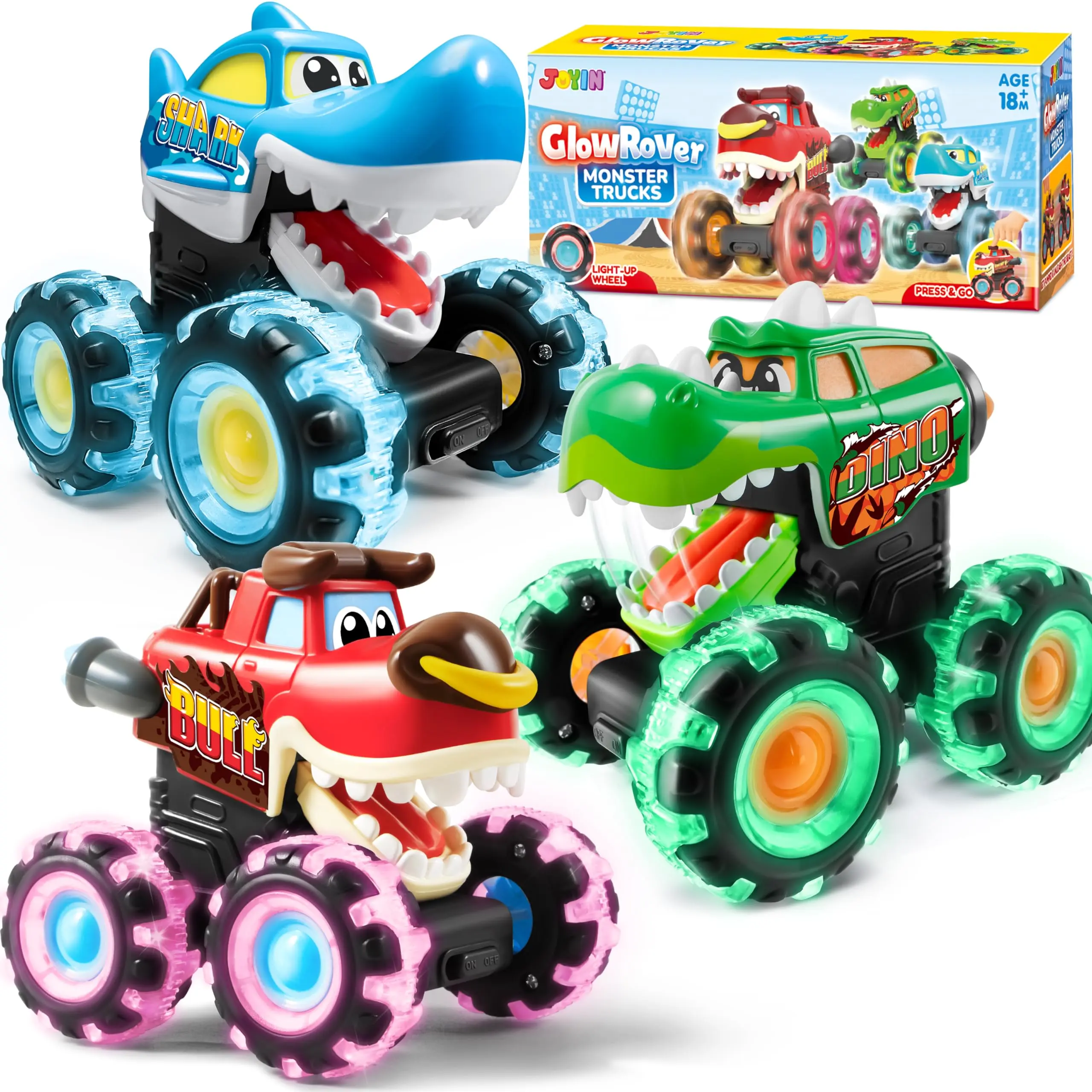 JOYIN Toys for Kids 3 Pack Monster Truck Toy Motion Activated Light-Up Cars Press & Go Cars for Boys Girls Baby Toy Present BUMP MONSTER TRUCK SET Ride On Car with LED Lights & Action 51001