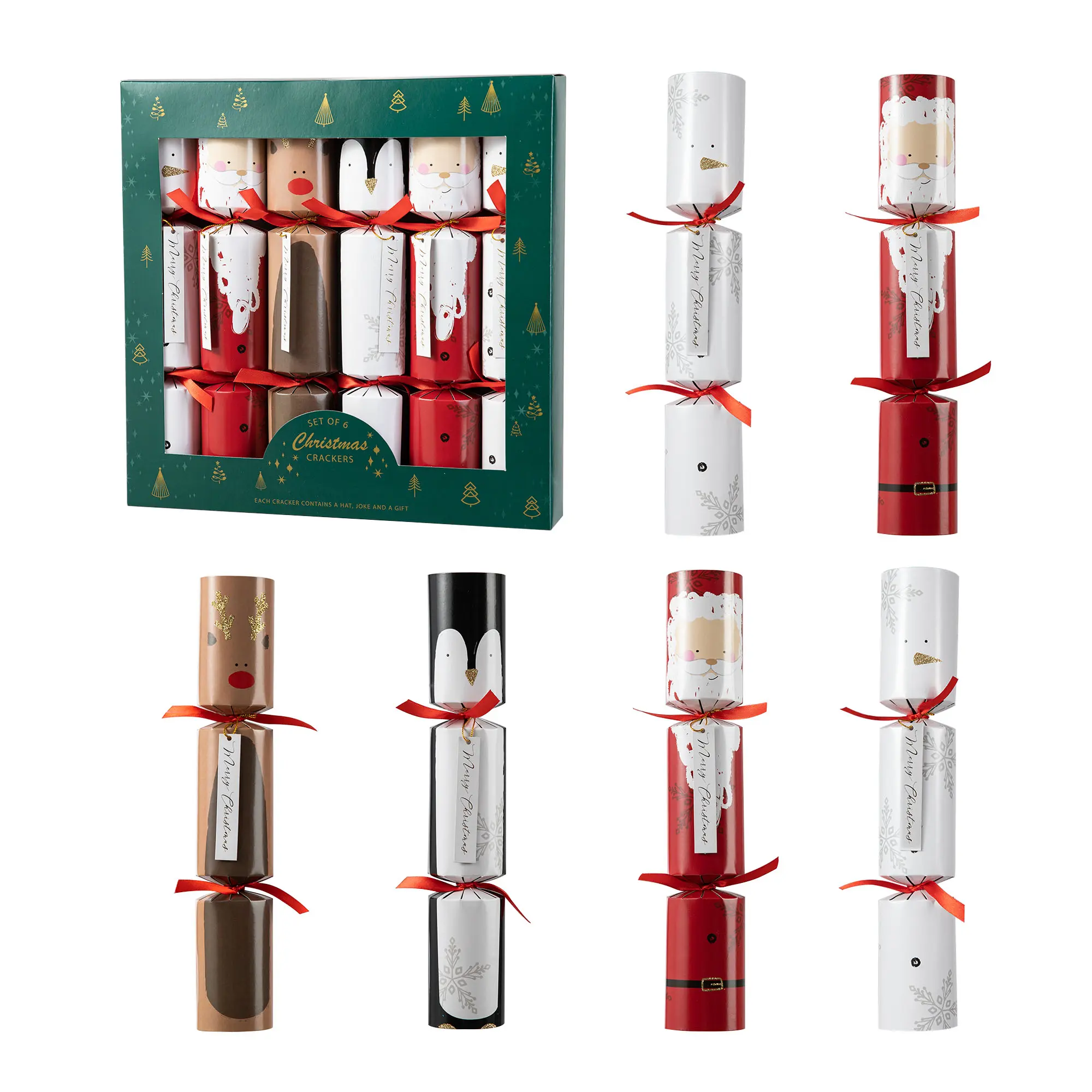 Glitzhome 6-Pack Christmas Party Crackers (Boxed) - 2''D x 12''H Santa, Snowman, Penguin & Reindeer Designs with Included Gift Contents, Box