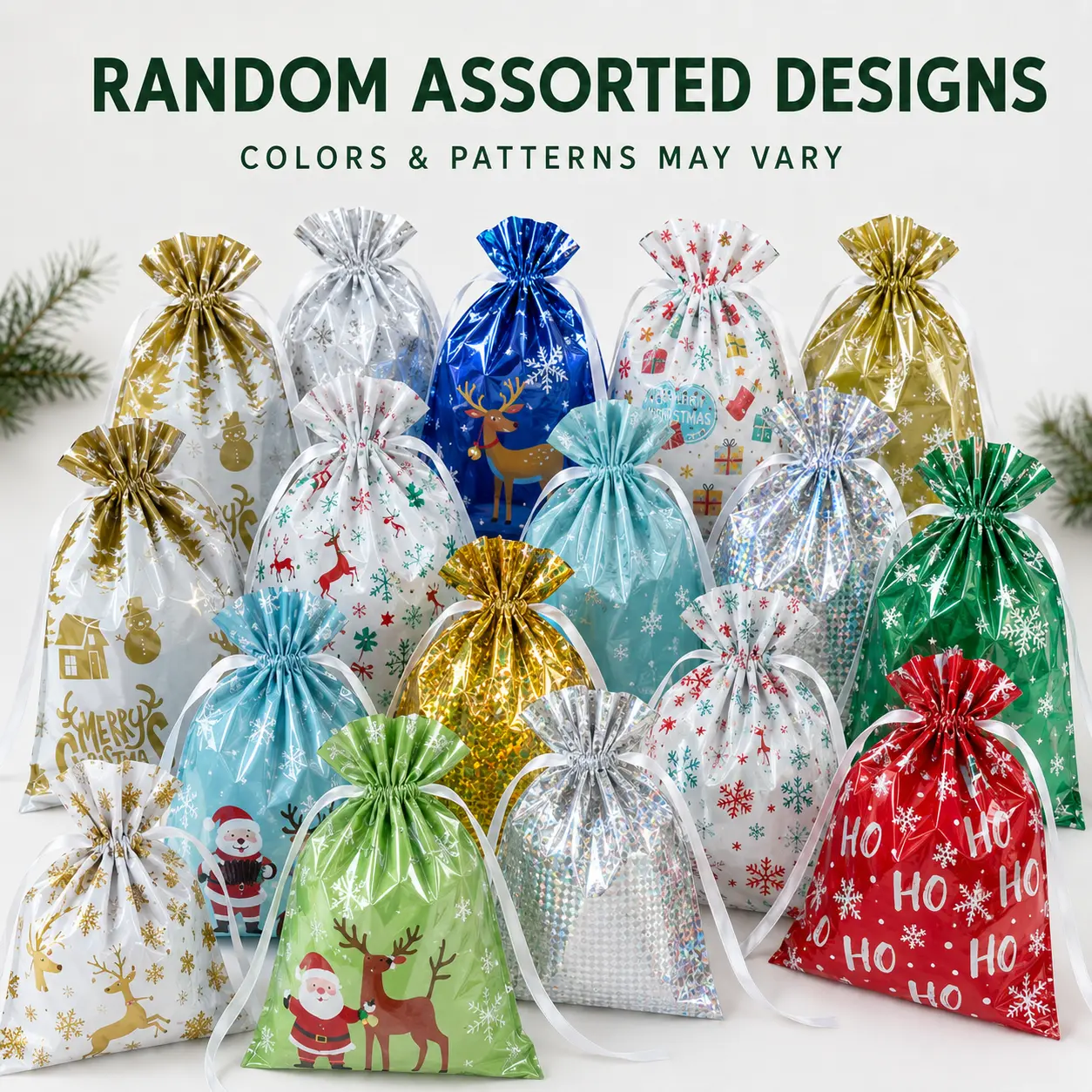 25-Pack Christmas Drawstring Gift Bag Set, 10 Large & 15 Medium Plastic Holiday Treat Bags with 25 Tags for Candy, Cookies