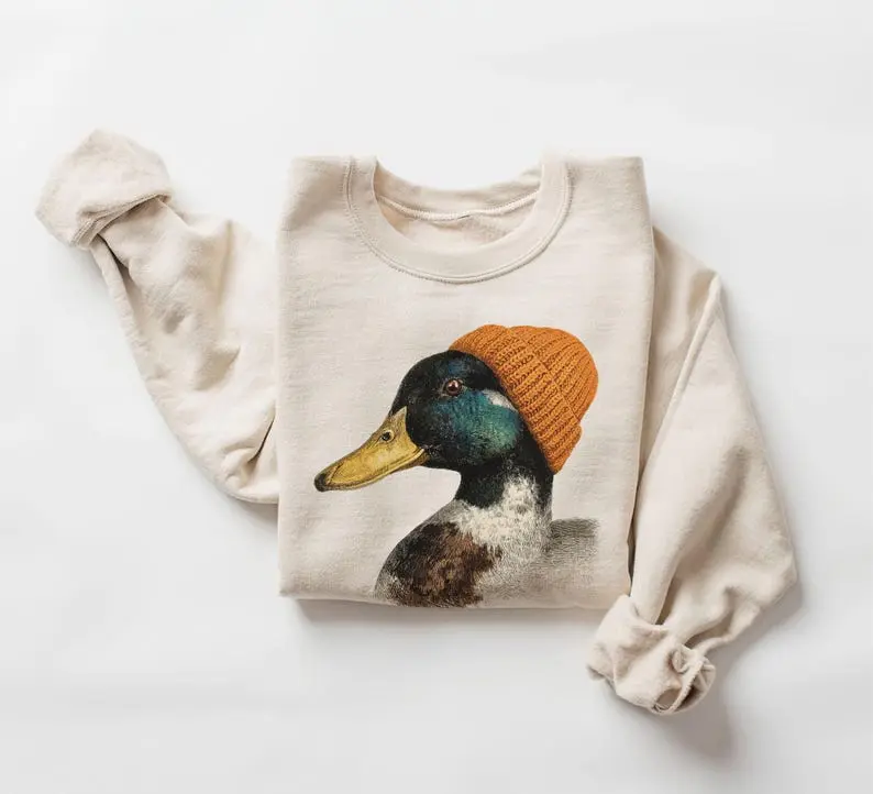 Mallard Duck Wearing Beanie Sweatshirt – Birding Wildlife Crewneck, Camping & Hunting Gift, Retro 90s Unisex Bird Pullover